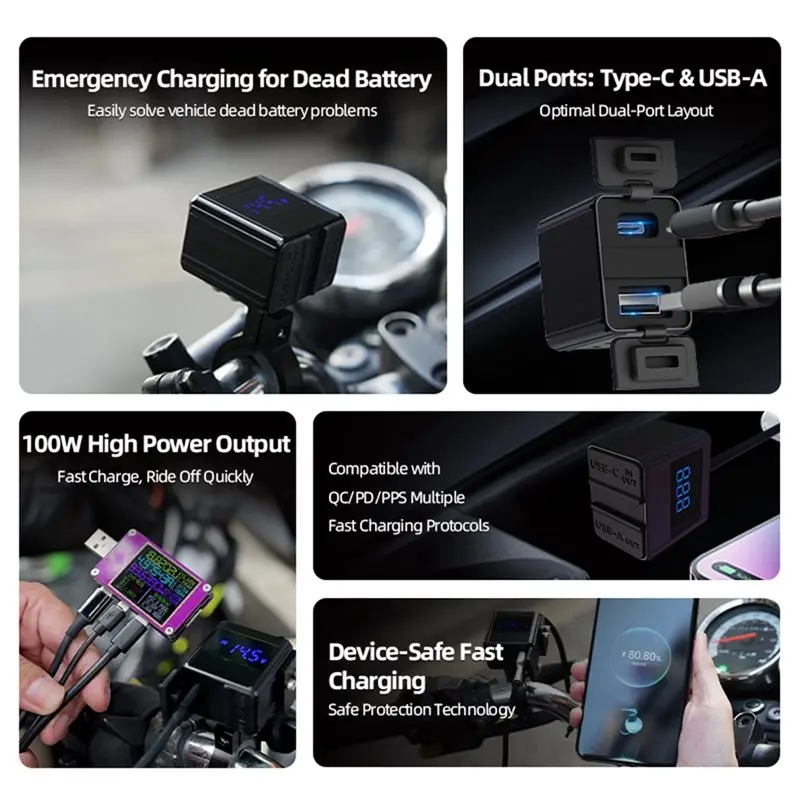 A96E-100W Motorcycle Charger Type-C USB Fast Charging Ports Socket With Voltmeter Display For Bidirectional Charging Moto