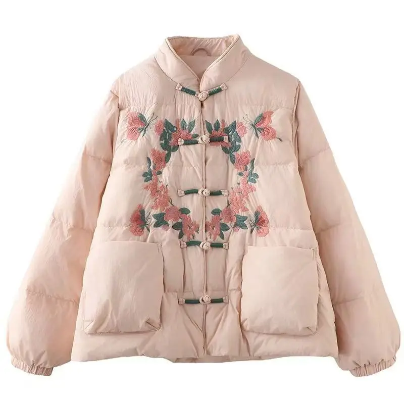 Chinese Style Large Size Artistic Embroidered Stand Collar down Cotton Jacket Women's New Winter Lightweight National Style B...