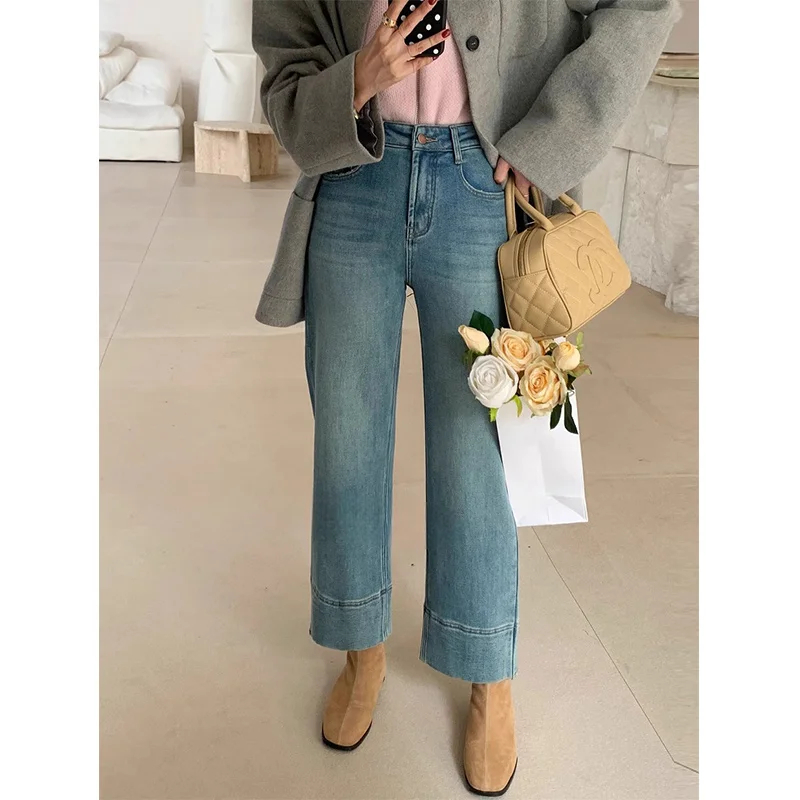 Korean style High-waisted retro jeans women's winter new velvet loose and thin fashion straight wide-leg nine-point pants