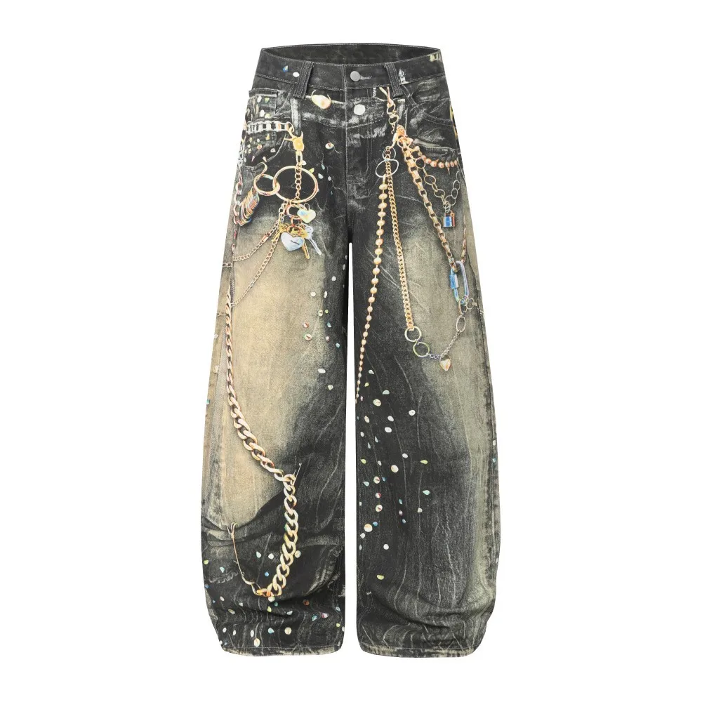 Y2k Punk Distressed Baggy Lantern Jeans 3D Printed Chain Washed Wide Leg Jean Pants Curved Blade Harem Denim Trousers Hip Hop