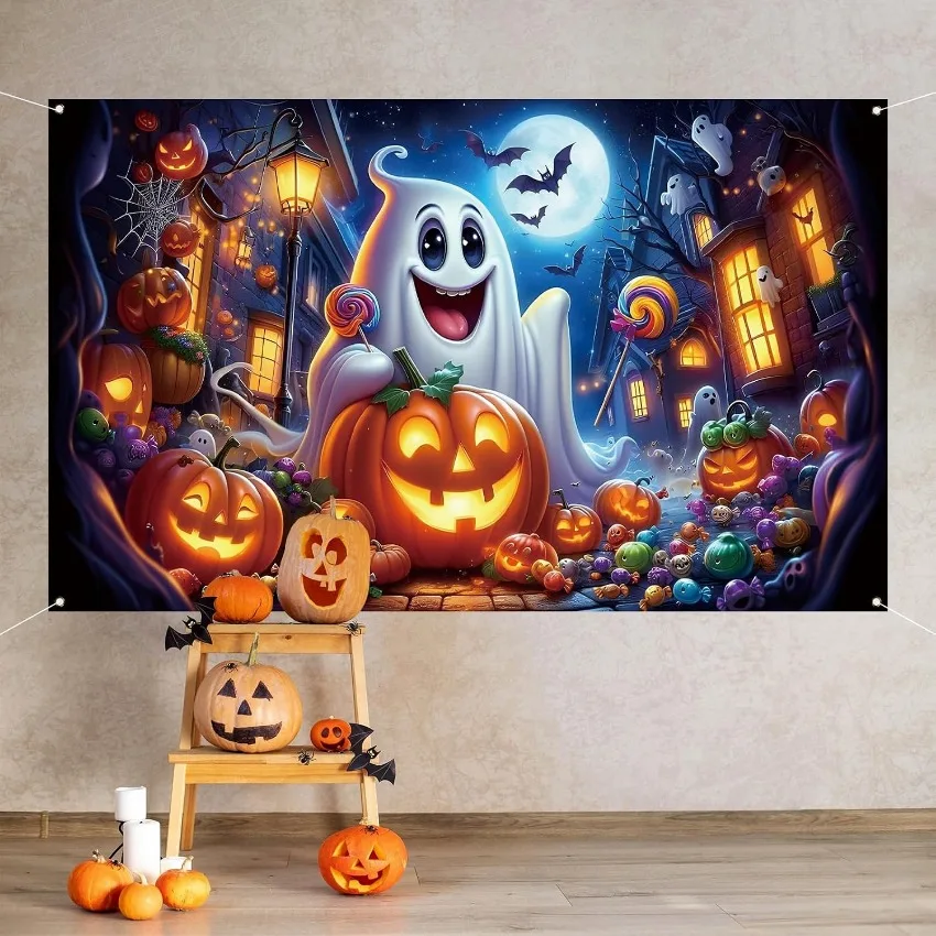 Halloween Ghost Pumpkin Backdrop Flag 71 x 43 Inch Night Moon Banner for Party Home Wall Decoration