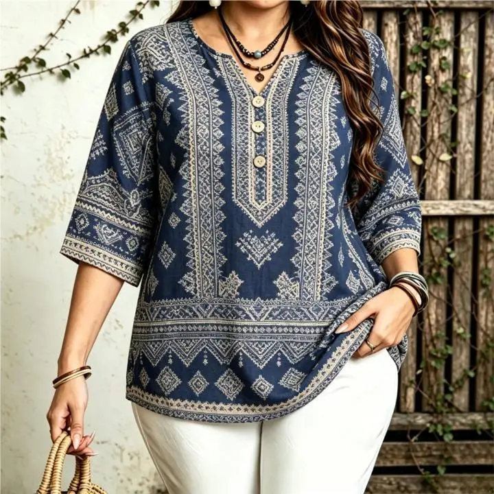 Women Ethnic Tribal Geometric Border Print Blouse For Curvy Figures Notched Neck 3/4 Sleeve Loose Casual Ladies Tops