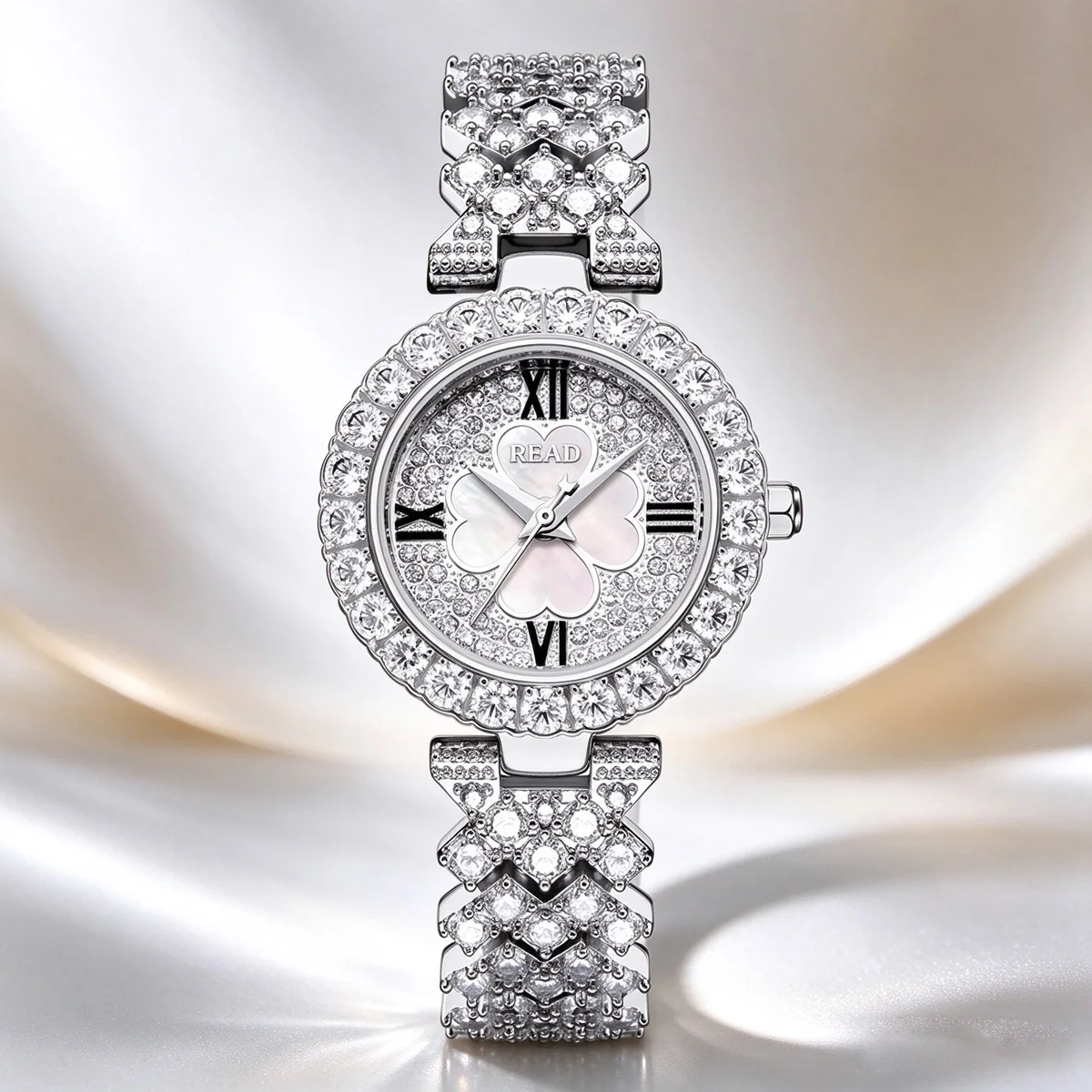 READ Women Quartz Wrist Watch | Clover Dial | Full Paved Metal Bracelet | Daily Water Resistant Ladies Dress Watch