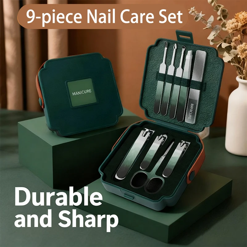 Ensemble de coupe-ongles en acier inoxydable, ensemble de ciseaux à ongles haut de gamme de précision, ensemble d'outils à ongles pour la maison de 9 pièces avec pincettes et cuillères auriculaires