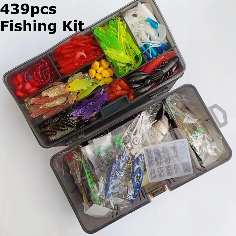 wondersee 439pcs Fishing Lure Kit Frog VIB Spoon Jig Head T-Tail Soft Shrimp Crank Worms Bead Storage Box Wire Leader  Clearance