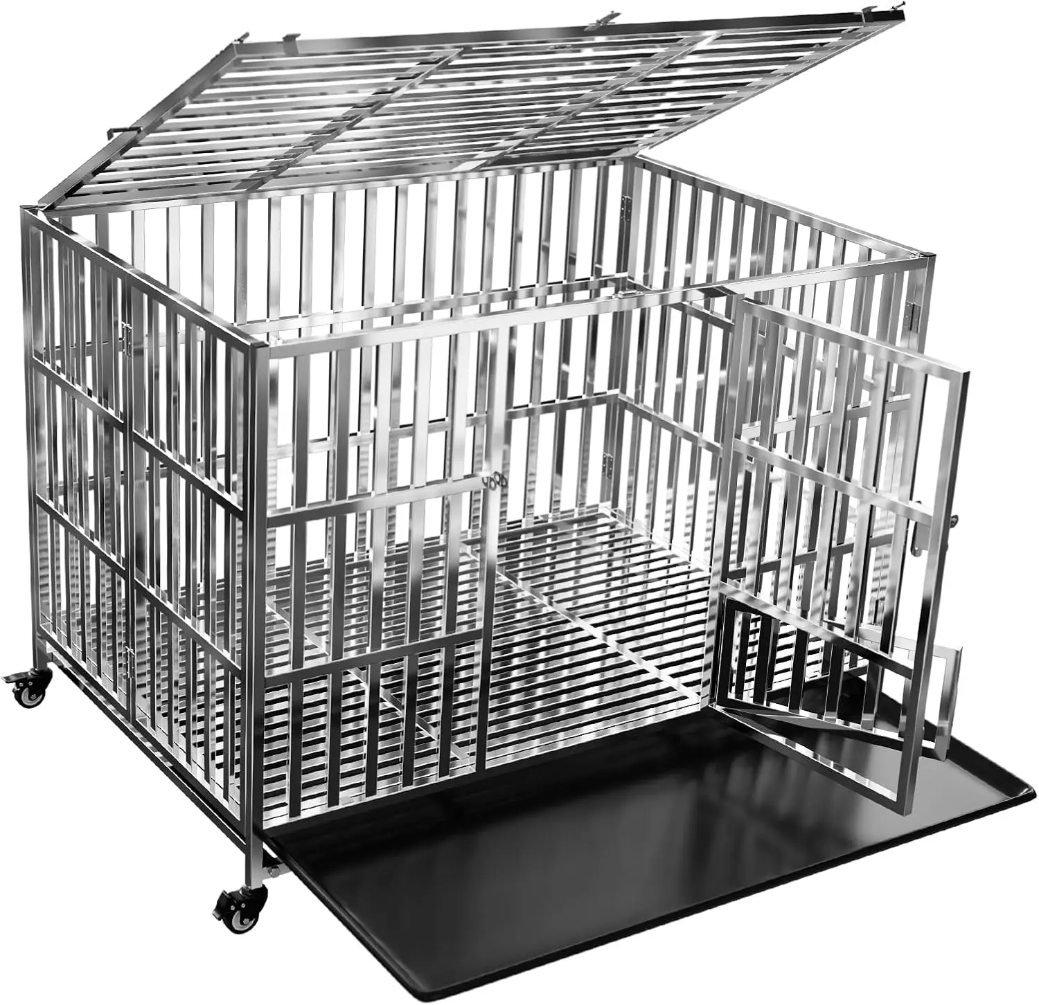 

Dog Crate with Removable Tray, 48" Stainless Steel Dog Kennel Cage for Large Dogs, Heavy Duty Dog Carrier with Lockable Wheels,