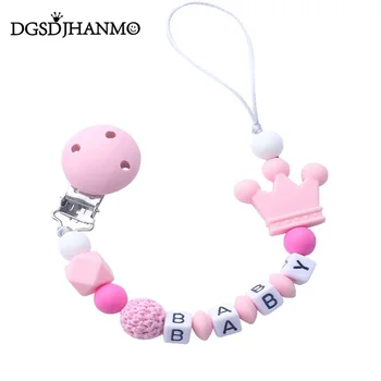 Handgemachte kostenlose personalisierte Name Silikon Baby Schnullerkette Silikon Krone Schnullerhalter Baby sicherer Beißring Clip