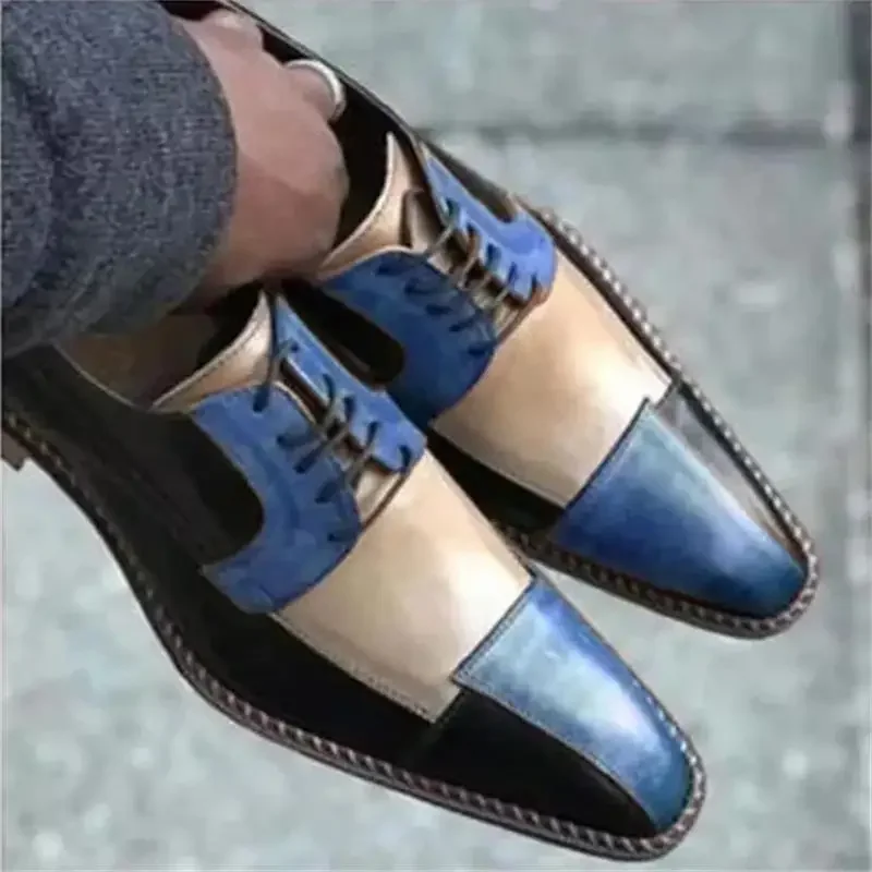 Fashion Personality Derby Shoes Men Shoes Business Casual Wedding Daily Wild Square Head PU Color Matching Lace-up Dress Shoes