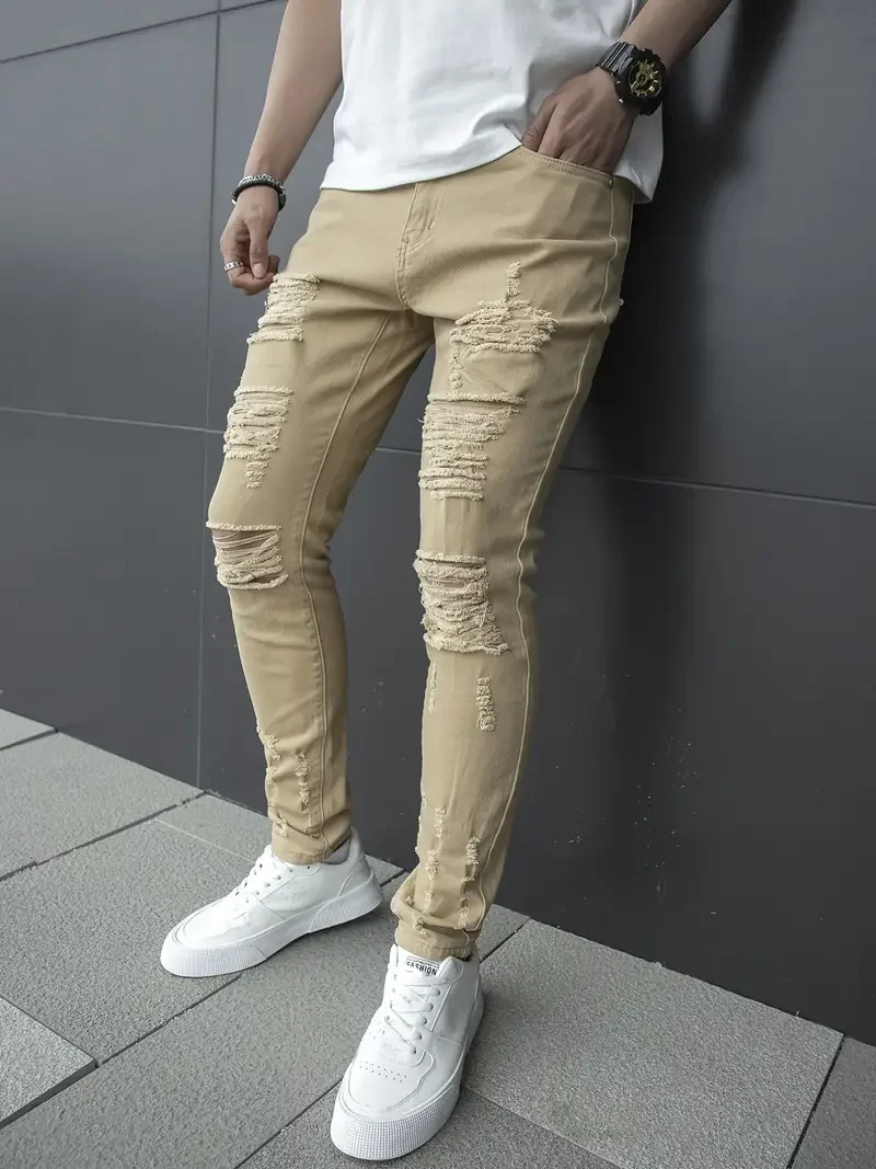 

Модные рваные узкие джинсы в уличном стиле, мужские винтажные однотонные джинсовые брюки, мужские повседневные облегающие джинсовые брюки-карандаш, горячая Распродажа