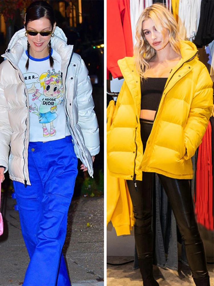 

Bella Hadid Style Short Puffer Jacket Women's White Duck down Warm Winter Coat Bread Clothes Natural Eye Commute Style Zipper...