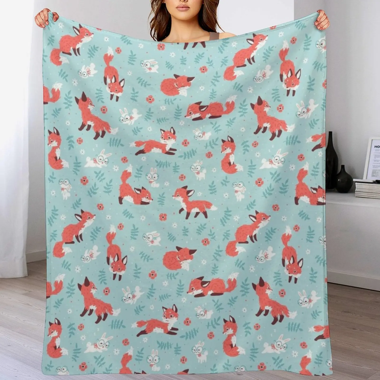 

Fox and Bunny Pattern Throw Blanket Thin Soft Blanket for Summer Night Sleeping