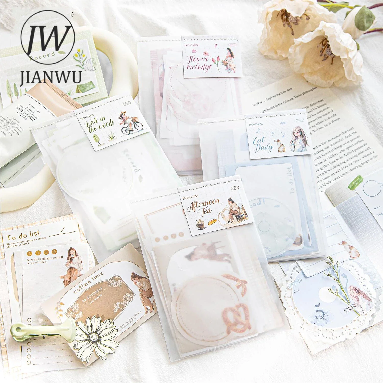 JIANWU Capture Life Series Literary Character Flower Border Material Collage Memo Pads Creative DIY Junk Journal Stationery