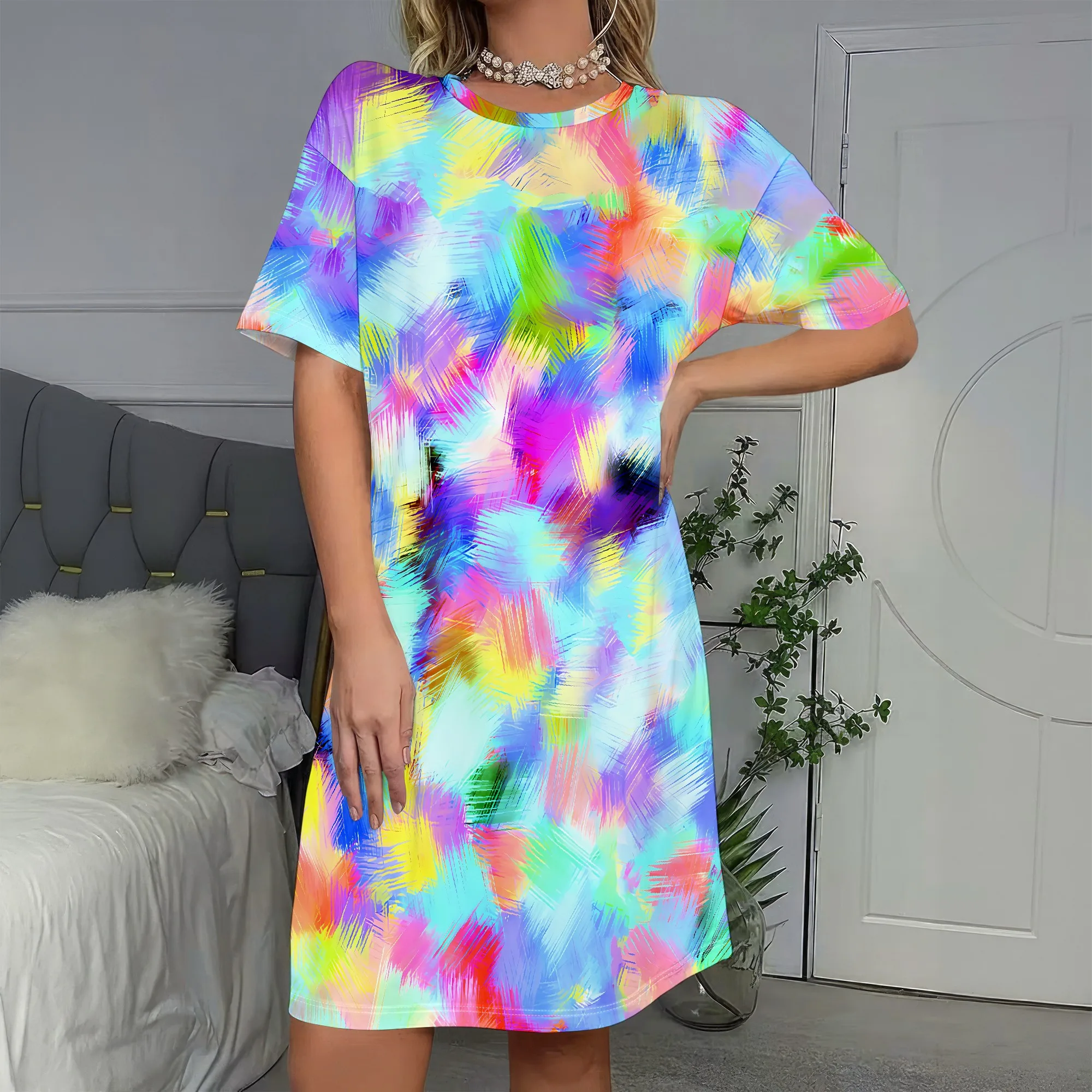 

Neon Brushstroke Print Dress, Rainbow Tie-Dye Shift Dress, Pastel Abstract T-Shirt Dress, Casual Summer Wear for Women, S-2XL
