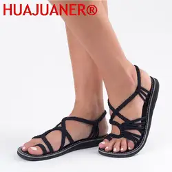 Sandalias romanas tejidas para mujer, zapatos planos de Punta abierta, informales, de verano, con nudo de cuerda para playa, talla grande 35-43