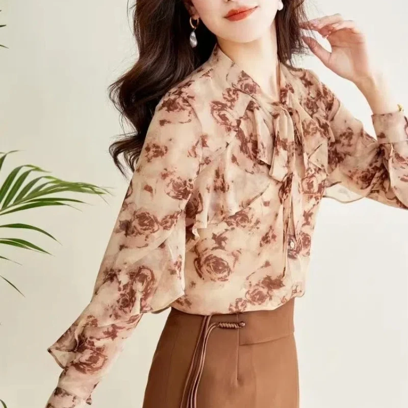 Spring Autumn Fashion Scarf Collar Long Sleeve Chiffon Printing Blouses Women\'s Clothing Edible Tree Fungus Bow Versatile Shirts