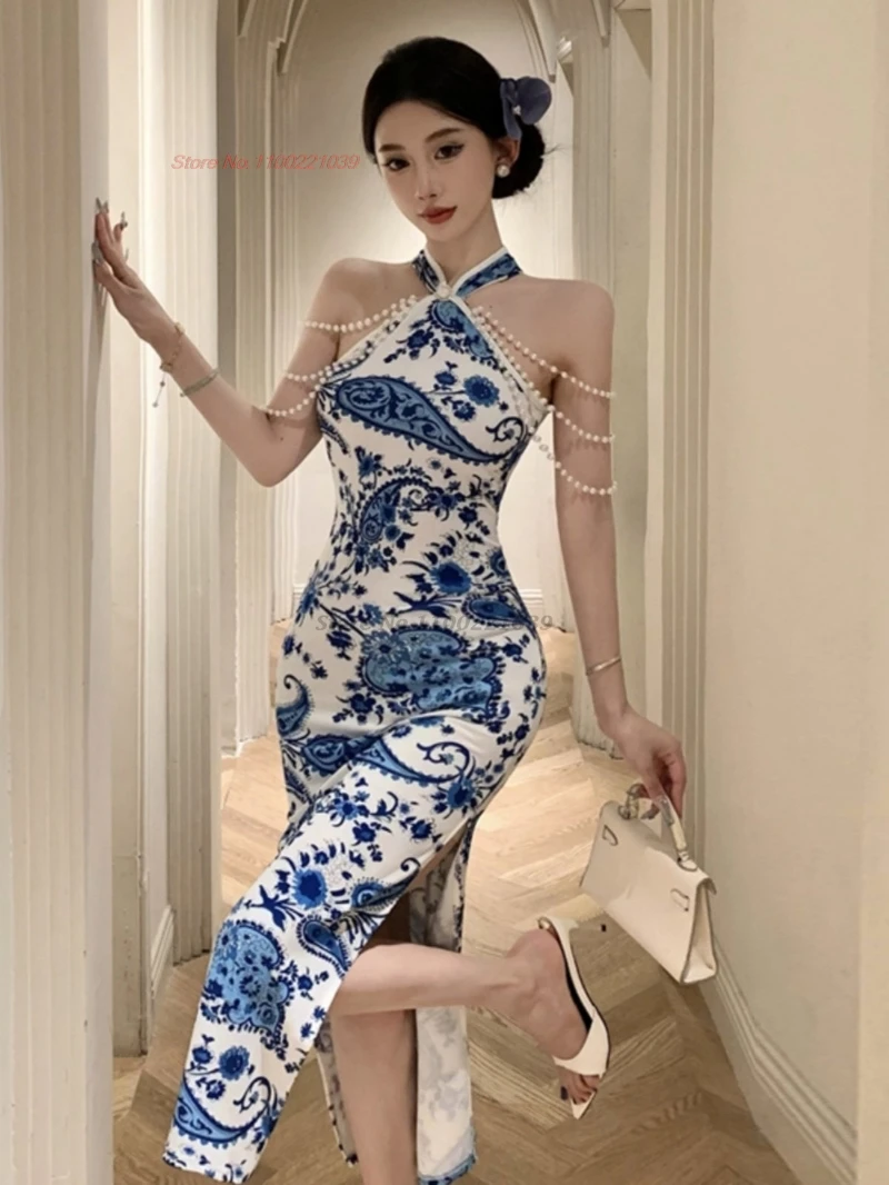 

2026 chinese sexy cheongsam improved sleeveless qipao dress retro flower print evening party dress banquet nightclub dress qipao