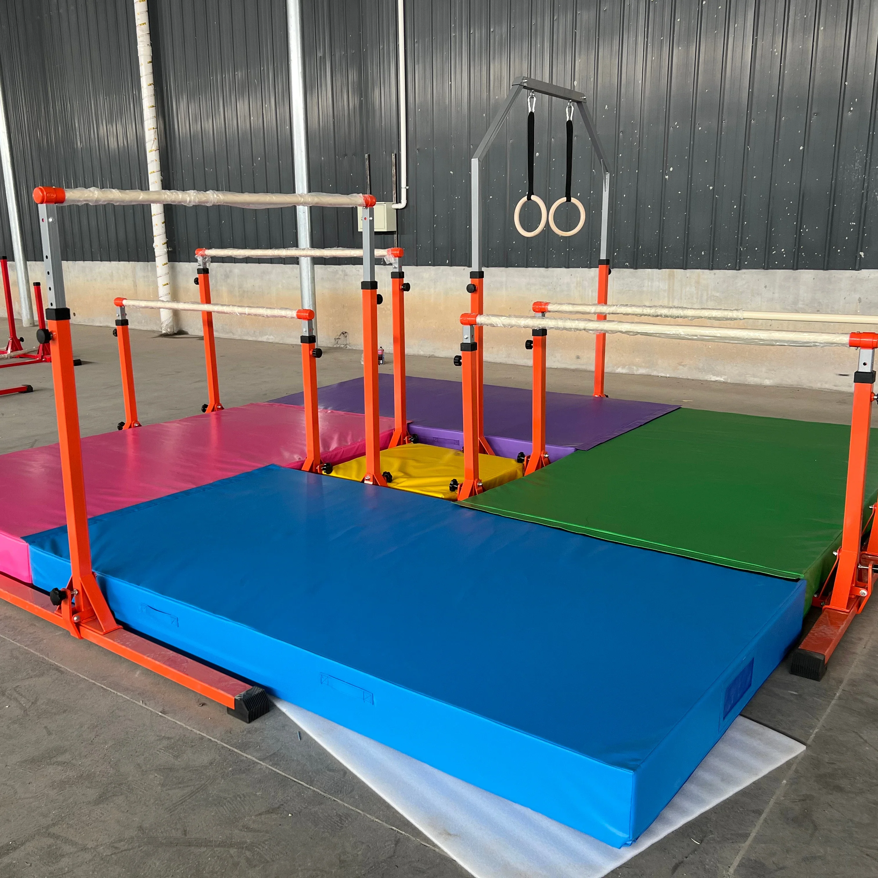 Kids Gymnastics Bars Indoor Adjustable 4-Multi Station Multi Horizontal Uneven Parallel Bars Flying Rings Gym Equipment