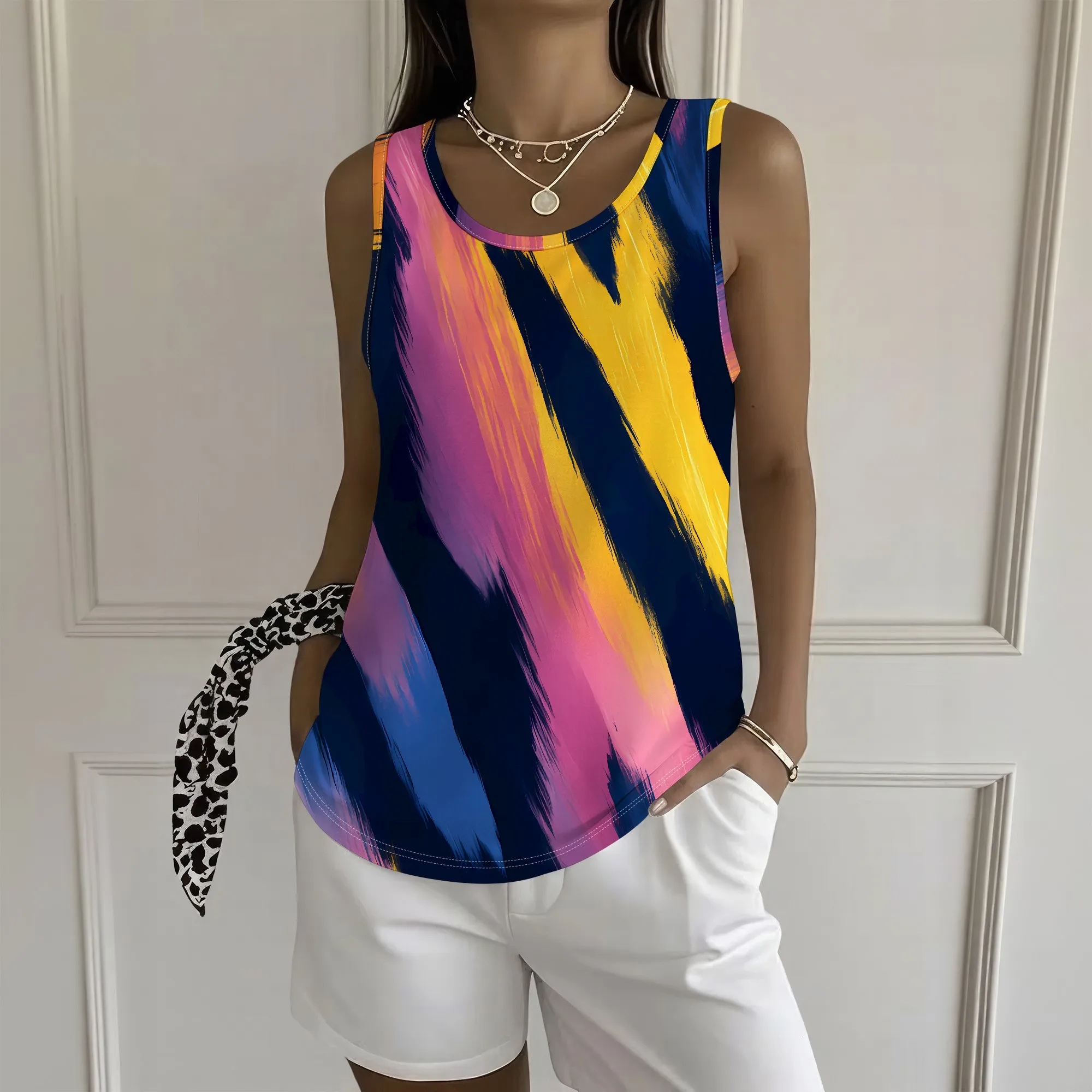 Abstract Brushstroke Print Tank Top, Vibrant Color Block Sleeveless Shirt, Casual Summer Blouse for Women, S-2XL
