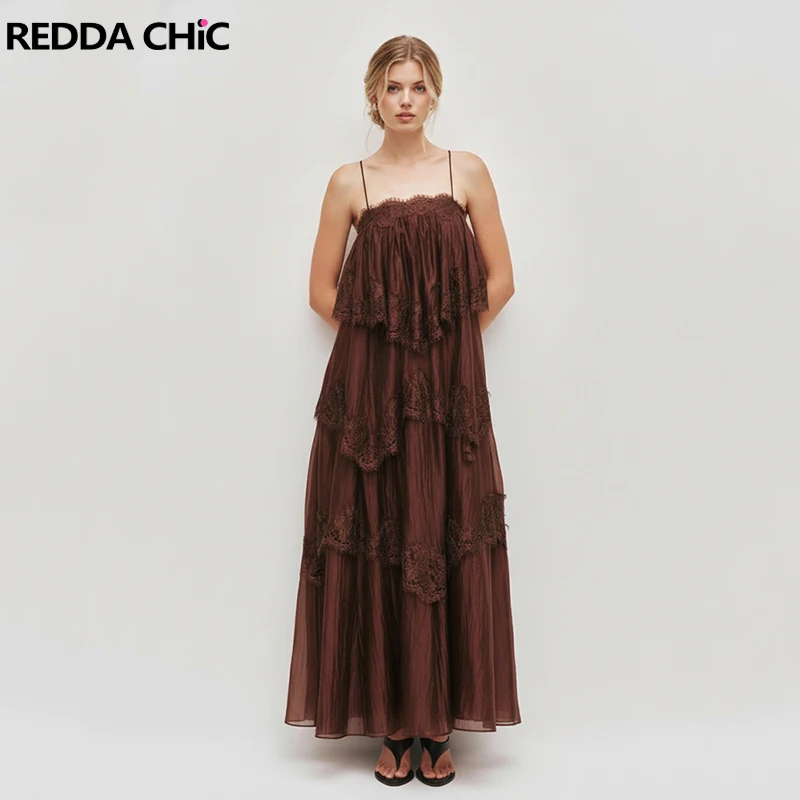 REDDACHiC Crisscross Backless Women Cake Dress Vacation Sexy Irregular Lace Trim Layering Ruffle Maxi Dress Party Summer Clothes