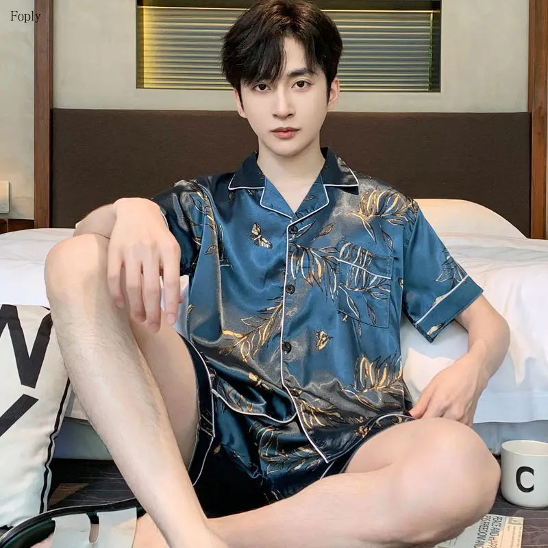 

Large Size 3XL Men's Pajamas Set Summer Ice Silk Sleepwear Short Sleeve Shorts 2 Piece Satin Homewear Thin 2025 New Lounge Suit