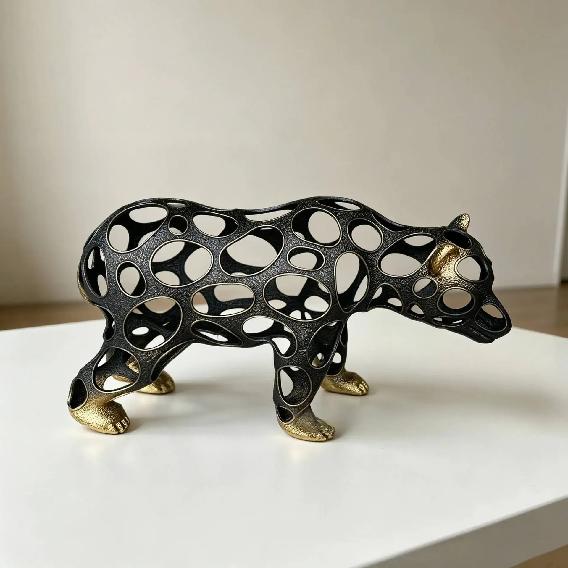 Golden Bear Metal Rhino Creative Geometric Hollowed-Out Animal Sculpture Realistic Animal Sculpture Home Decoration Accessories