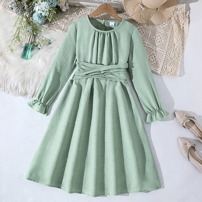 Frühlingskleid für Teenager-Mädchen, strukturiertes Midikleid, Schlüssellochverschluss hinten, elastische Taille, ausgestellter Saum, lange Ärmel, lässiges, einfarbiges Kinderkleid – Detail 2