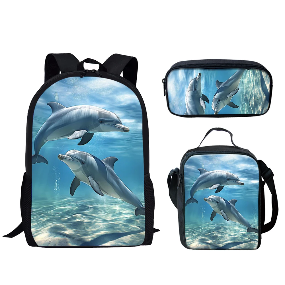 Belidome Casual Schoolbag Blue Dolphin Print 3Set Lightweight Backpack for Teen Boys Girls Fashion School Bags Mochila Escolar