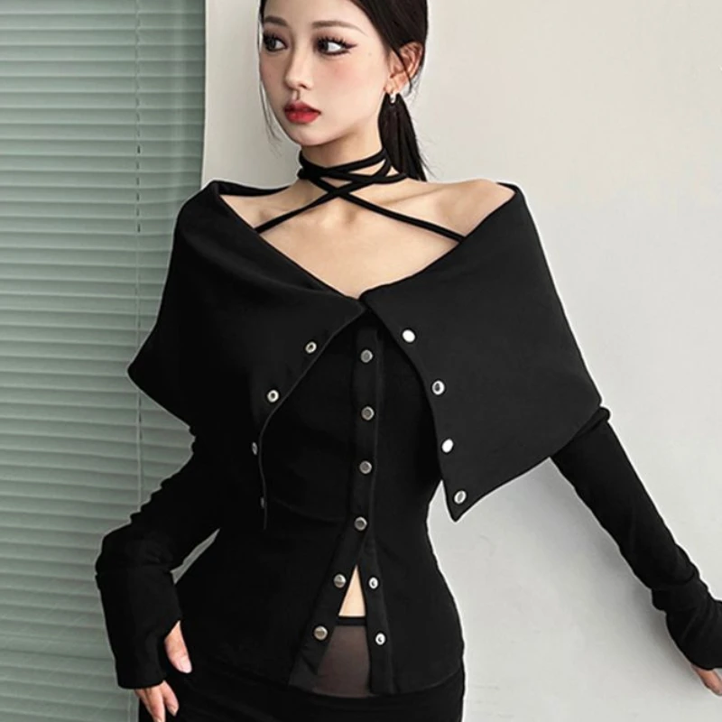 Off Shoulder T-shirts Women High Street Fashion Lace-up Sexy Black Solid Single Breasted Slim Autumn Ladies Clothing Casual New