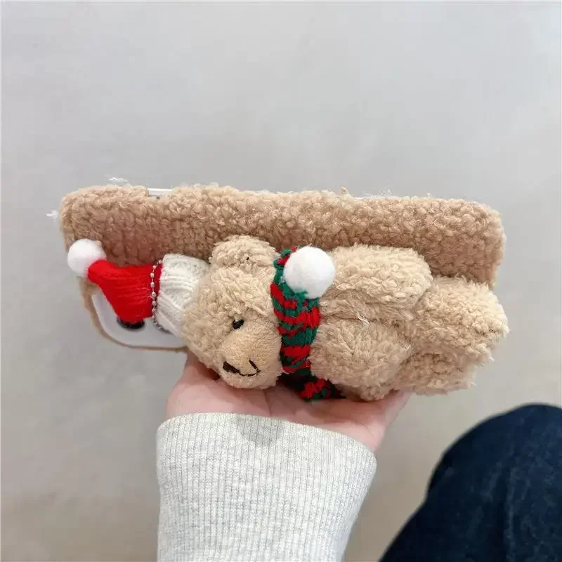 Soft Plush Phone Case For iPhone16 11 12 13 14 Pro XR X Xs Max mini 7 8 6 6s Plus MAX 5 5S SE  cartoon Christmas Bear Back Cover