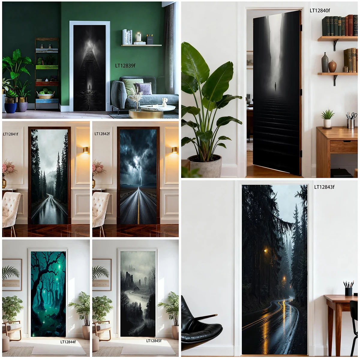 Waterproof Self-Adhesive Door Wallpaper Dark Fog Forest Storm Lightning Spooky Road Tree Removable PVC Interior Door Decor