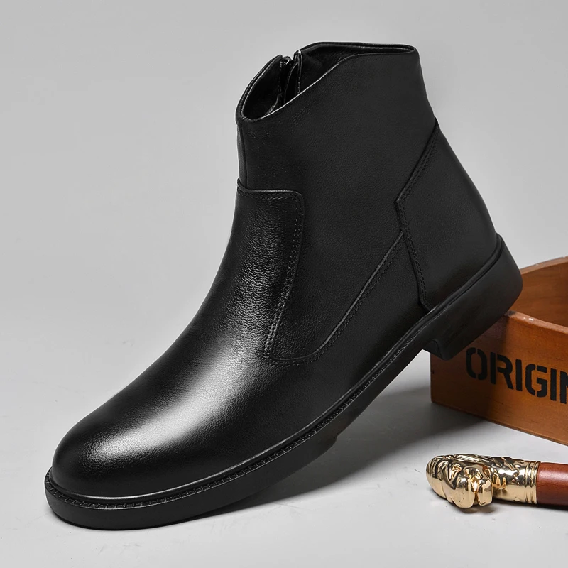 

High Top Plush Chelsea Boots Round Toe Side Zipper Sheepskin and Wool Integrated Ankle Snow Boots Winter Warm Men's Boots 2026