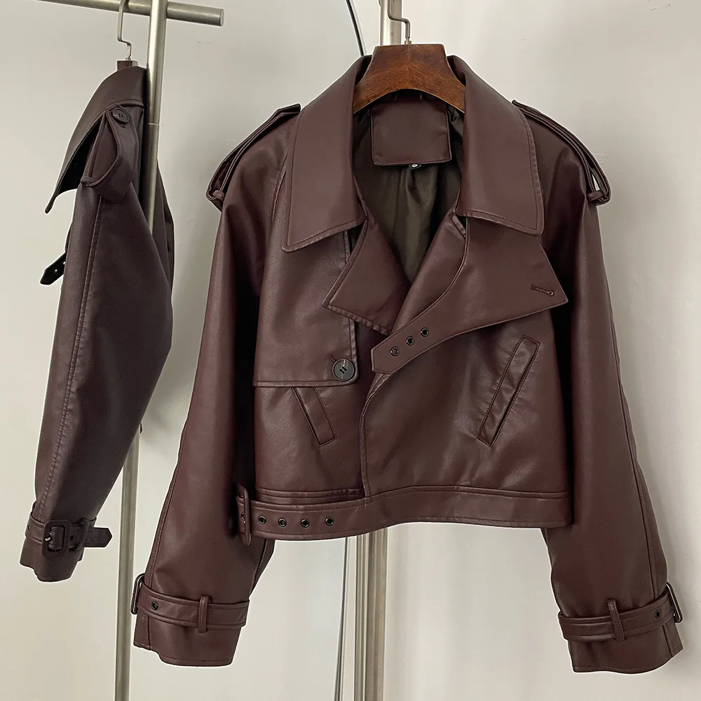 Otoño nueva chaqueta de piel sintética para mujer cuello vuelto con cinturón abrigo moda americana Vintage Moto Biker chaquetas de PU