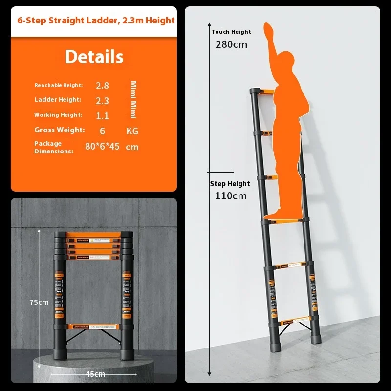 Thick carbon steel telescopic straight ladder, household maintenance climbing ladder, height adjustable straight ladder view 4