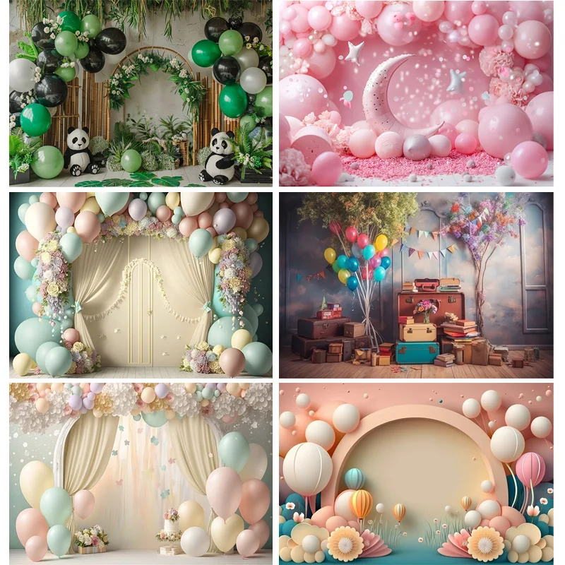 

Baby Room Happy Birthday Photography Backdrops Props Newborn Party Decoration Balloons Arch Floral Theme Photo Background QQ-08