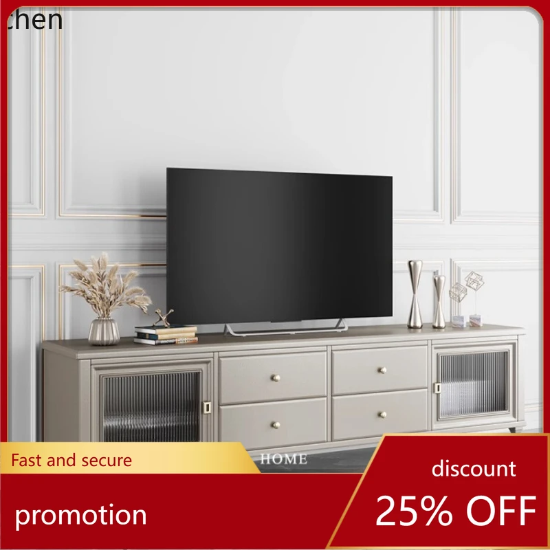 

HXL Solid Wood TV Cabinet Champagne Color Coffee Table Living Room Glass Door Storage Cabinet