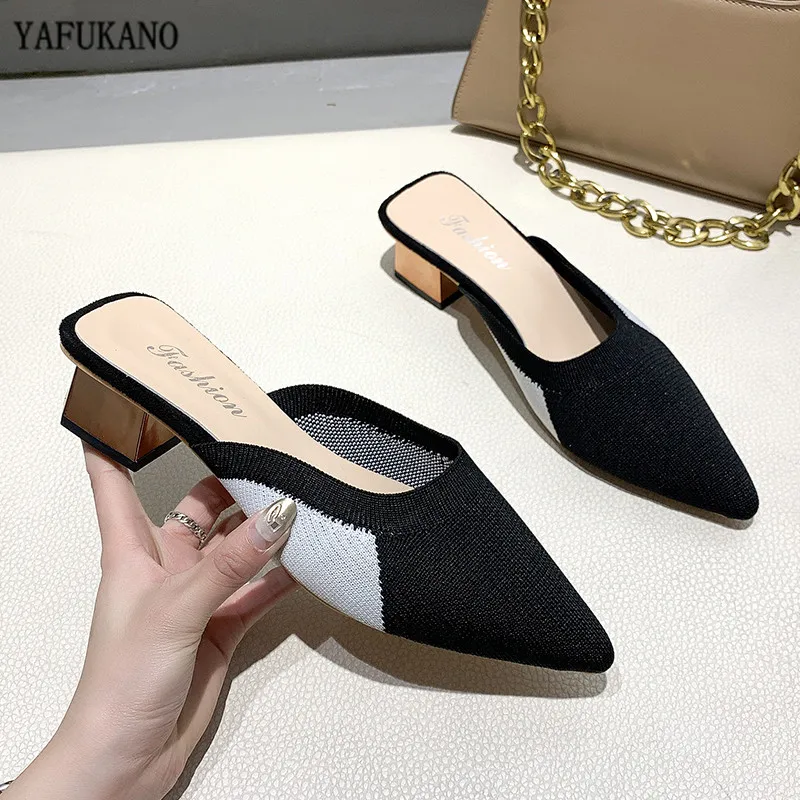 Summer 2024 New Elegant Women Yellow Black Knitted Slides Mules Mesh Breathable Flat Slippers Closed Toe Slides Party Shoes