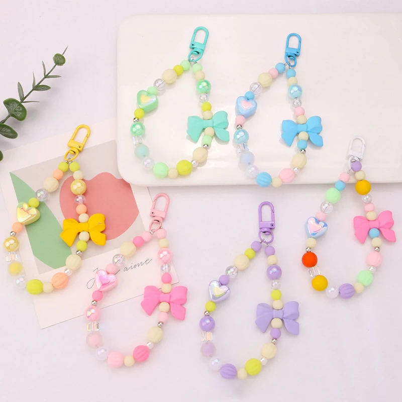 Colorful Bowknot Bead Chain Key Chain Pendant Fresh Color-plated Heart Beaded Accessories Headphone Case Bag Charm Decoration