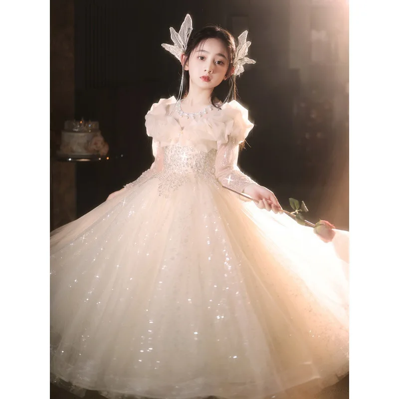 

Fashion Baby Girl Princess Sequins Tutu Dress Long Feather Sleeve Child Vestido Wedding Party Birthday Xmas Baby Clothes 1-14Y