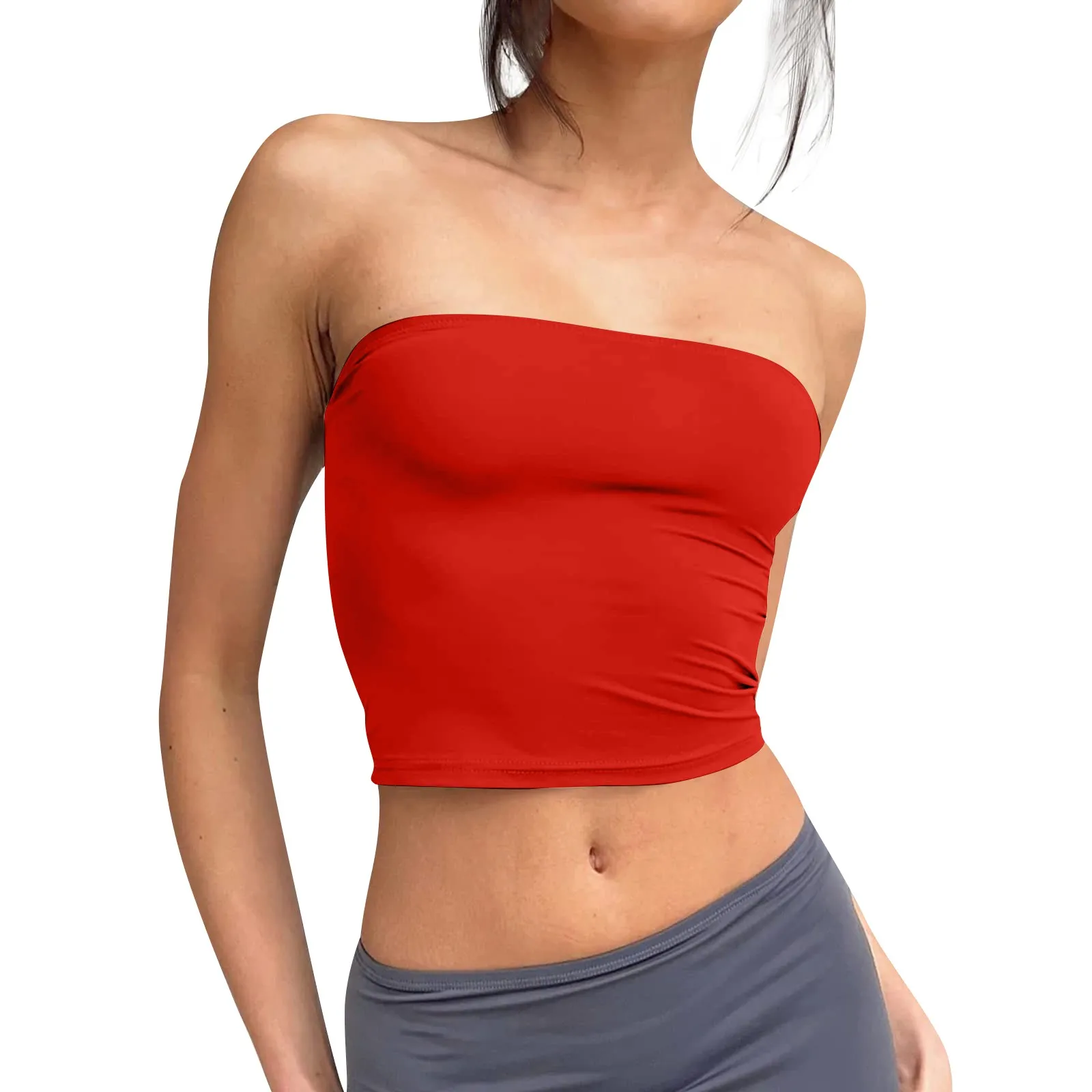 Womens Strapless Crop Tops Basic Backless Sleeveless Bandeau Cute Sexy Tops Trend Street Fashion Classic Solid Tube Tops