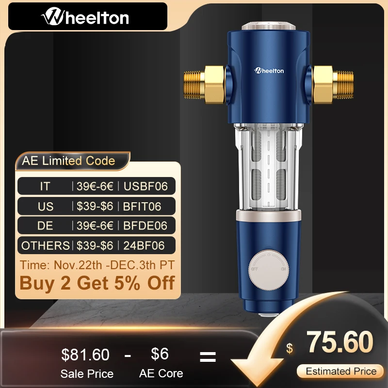 WHEELTON Whole House Water Filter Spin Down Sediment System Pre-Filter Auto-Rotated Flush Double-sided Scraper 1/2\