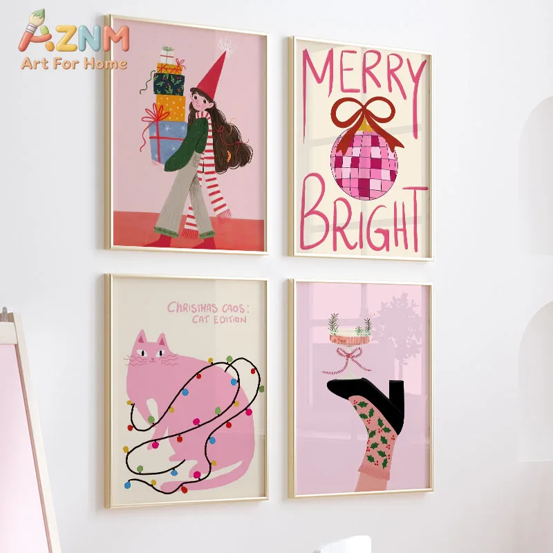 Santa Claus Girl Cat Christmas Tree Deer Gift Posters Prints Canvas Painting Nordic Wall Art Picture For Living Room Home Decor