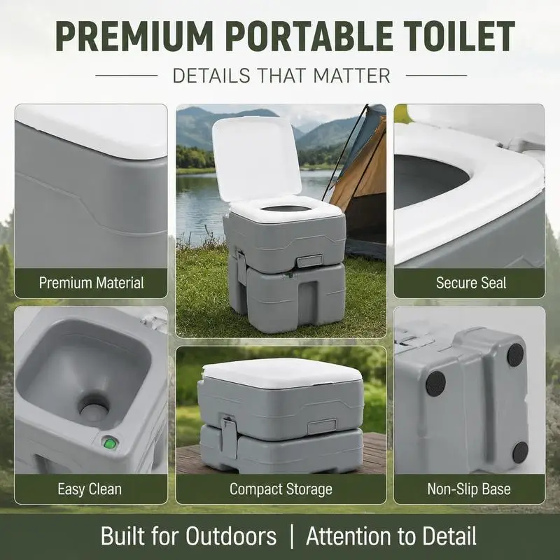 Inodoro Portátil para Camping 41.5 X 36.5 X 42 Cm, Polietileno de Alta Densidad, Gris, Desmontable, Fácil de Limpiar, Compacto y Ligero