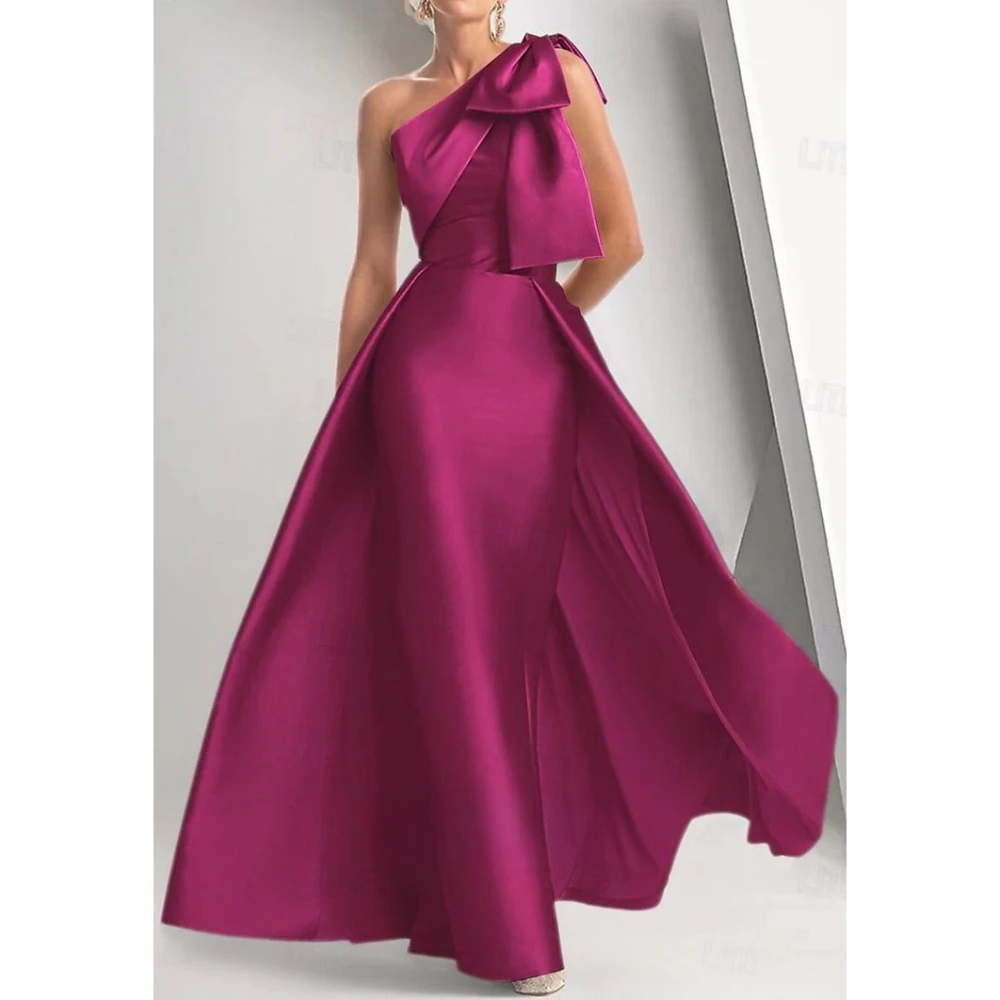 Elegant Asymmetrical-Neck Sleeveless Mermaid Evening Dress One-Shoulder Satin Formal Gowns with Bow