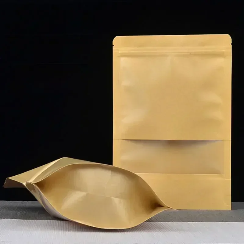 Selbstverschließender Beutel aus Kraftpapier mit durchsichtigem Fenster, Lebensmittelaufbewahrung, Verpackungsbeutel, kann wärmeversiegelt werden, Stand-Up-Beutel mit Reißverschluss, Show-Beutel