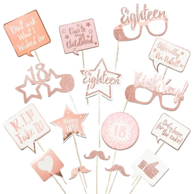 

16Pcs Rose Gold 18th Birthday Party Photo Booth Props Signs Fully Assembled Selfie Props for 18th Happy Birthday Party Supplies