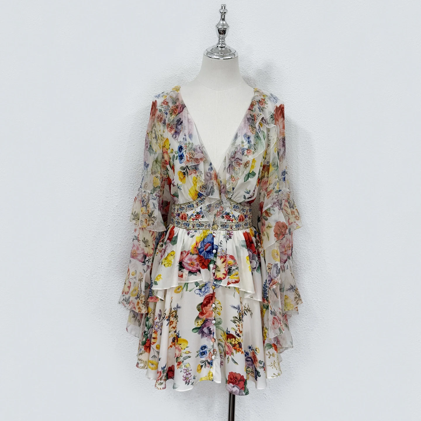 Summer Fashion Party Vintage Floral Print Silk Knee-Length Dress Women's V-Neck Flounces Sleeve High Waist Flounces Hem Dress