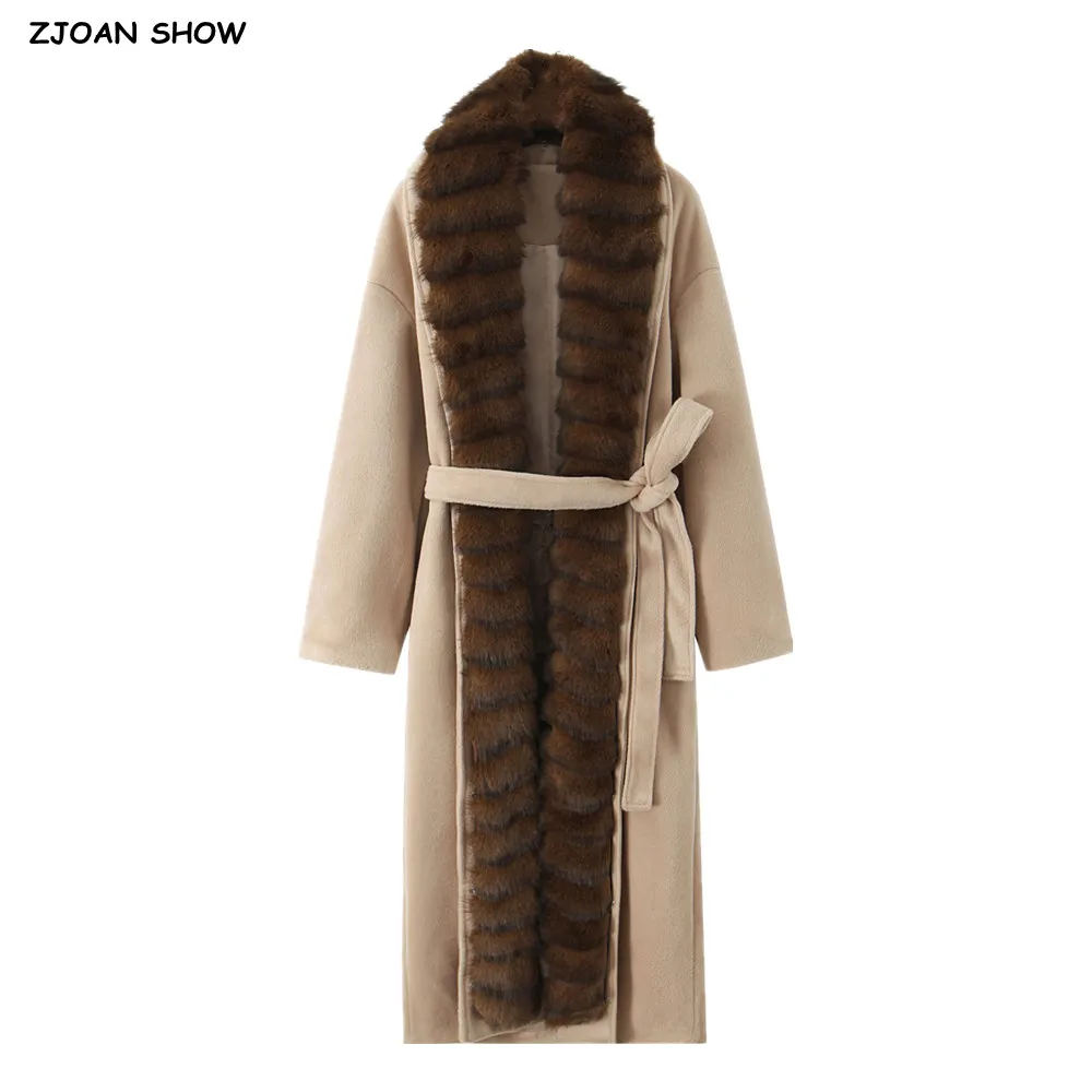 

New Autumn Winter Khaki Shaggy Faux Fur Lapel Front No Button Long Woolen Coat Women Tie Bow Sashes Long Sleeve Trench Outerwear