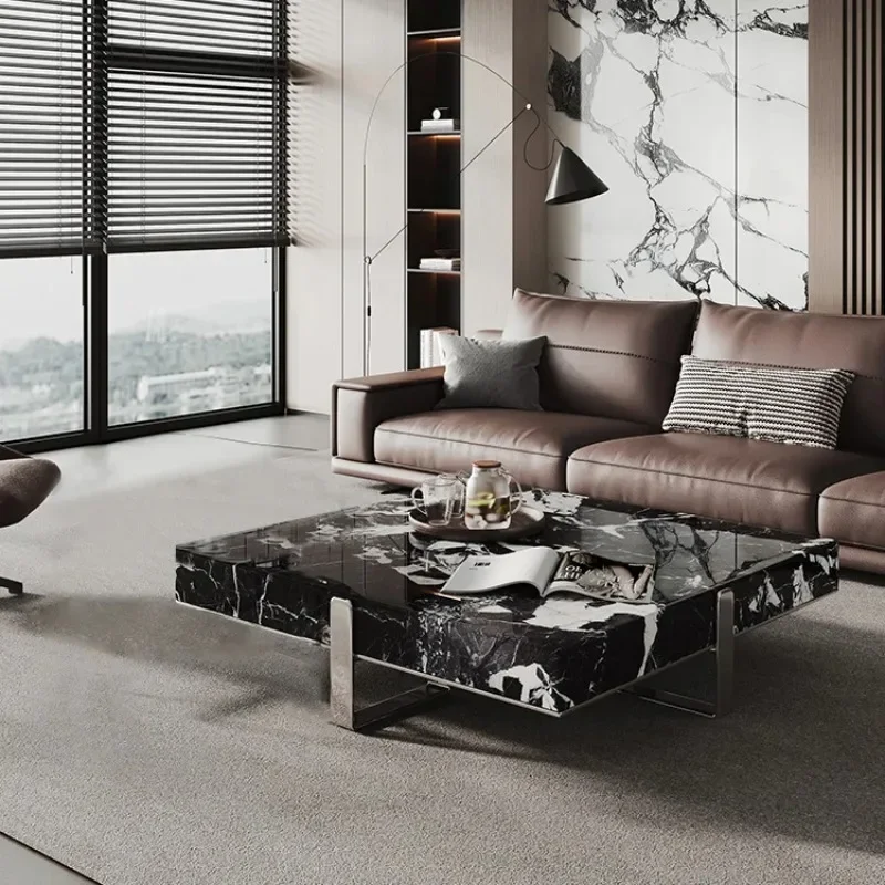 Italian Minimalist Square Coffee Table, Black White Stone Top, Heat-Resistant & Easy Clean, Sturdy Compact Designer Set