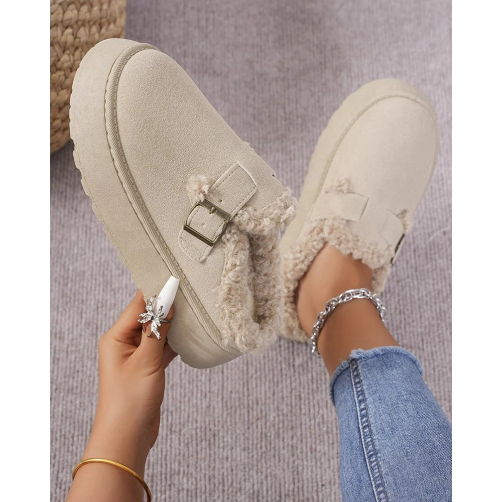 

Fashion Women Fluffy Buckle Design PlatformFlat Snow Slippers Femme Outdoor Slipper Casual Winter Warm Shoes for Going Out