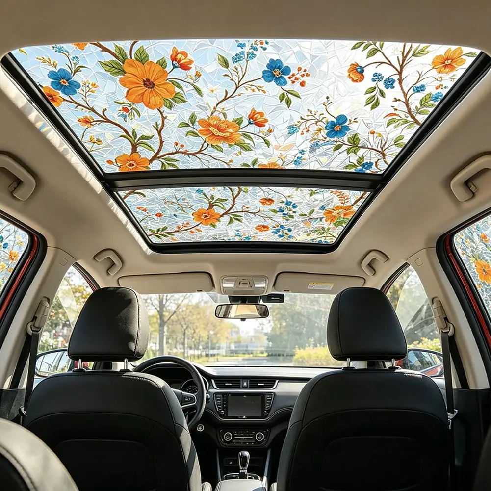 Floral Stained Glass Car Sunroof Static Cling Film Privacy Sun Protection Decal Rainbow Effect Window Sticker Sunroof Tinting view 5